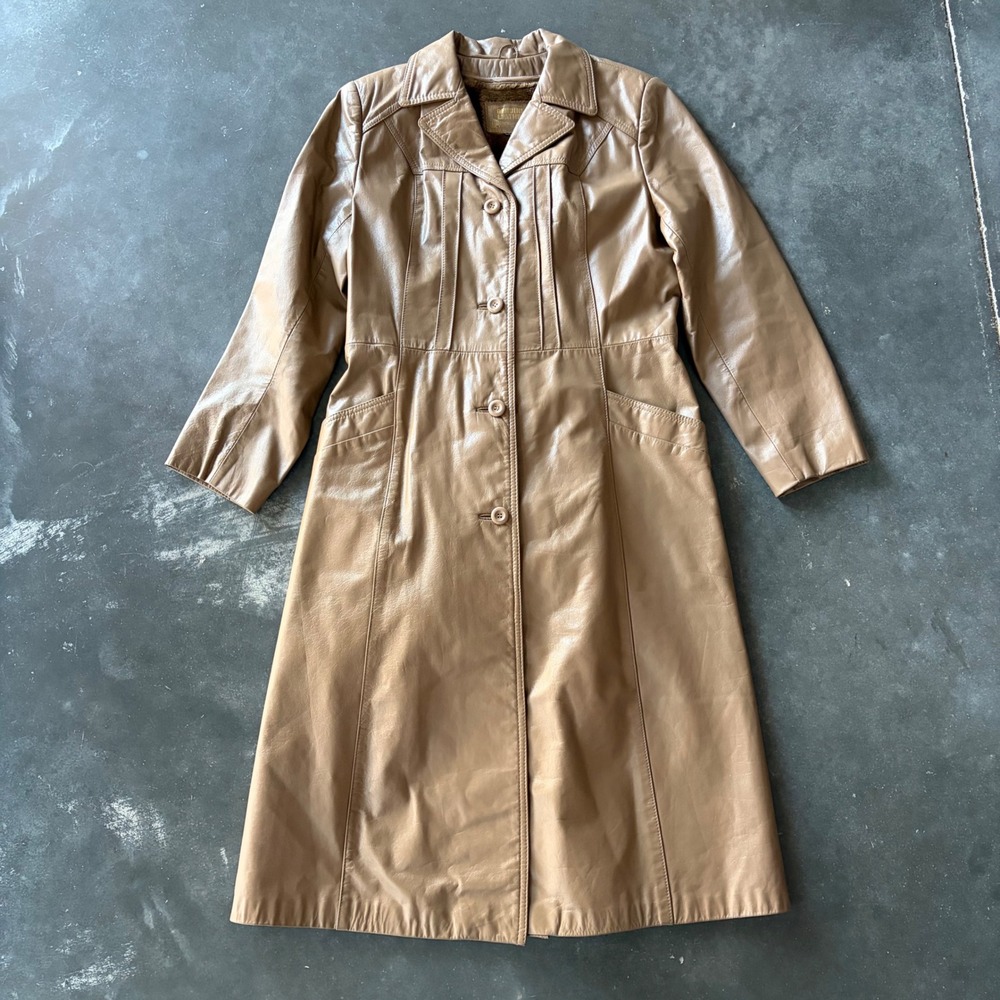 Vintage Genuine Leather Faux Fur Lined Trench Coat Tan Brown Size 11/12
